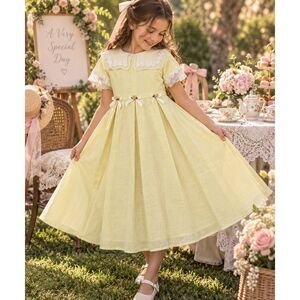 Vintage Bonnie Jean Girls Formal Dress Size 10 Yellow Lace Collar Rose Bow Party